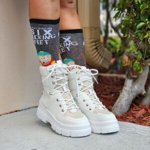 Women's White Chunky Block High Heel Ankle Combat Booties